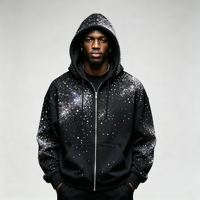 Sweat à capuche zippé intégral en molleton épais noir pour homme, style streetwear, avec strass et diamants étincelants dégradés, sur mesure