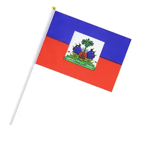 Groothandel Mini Goedkope 100% Polyester 14X21Cm Haitiaanse Vlag Haiti Hand Zwaaiende Vlag Met Paal