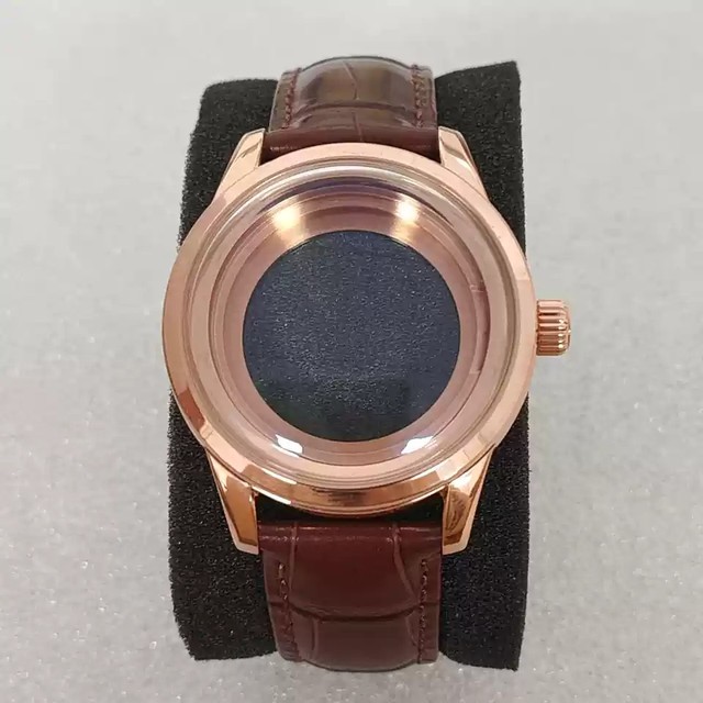 39mm Rose Gold Stainless Steel Watch Case Clear Back Black/Brown Leather Strap Waterproof Compatible NH34/35/36/4R/7S Movement