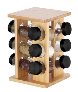 Organizzatore di <span class=keywords><strong>Spezie</strong></span> Moderno in Bambù Naturale a Tre Livelli con 12 Barattoli in Vetro <span class=keywords><strong>Nero</strong></span> di Alta Qualità, <span class=keywords><strong>Porta</strong></span> Condimenti Girevole a 360° - Product Image 2