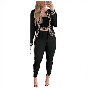 Yeni Gelenler Sıcak Fırsat Günlük Dokuma Baskılı Polyester Kadın Yelek Hırka Tayt Üç Parçalı Takım - Product Image 2