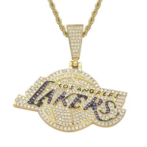Collier en laiton hip hop en or véritable 18 carats avec pendentif équipe de basket-ball américaine en zircon bling bijoux
