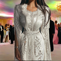 Lscz170 Kaftan de luxe marocain de Dubaï, élégant, en mousseline ivoire, longueur ras du sol, coupe trapèze, orné de perles, d'applications et de paillettes, avec soutien-gorge intégré, pour soirée