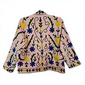 Veste pour femme brodée de fleurs roses, en coton, style Suzani, manches longues, col montant, automne-hiver - Product Image 6