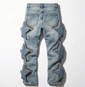 Jean évasé <span class=keywords><strong>femme</strong></span> Wangsheng avec patchs étoiles, denim délavé bleu clair, pantalon streetwear Y2K, détails fermeture éclair, style vintage WS-ZL-01-108 - Product Image 2
