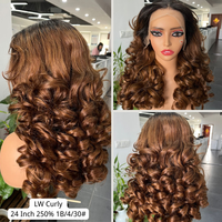 Pelucas de Cabello Humano Ondulado Suelto al por Mayor con Flequillo, Sin Pegamento, Encaje Frontal Transparente, con Reflejos, Rizos Voluminosos, Pelucas de Cabello Virgen