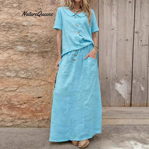 NatureQueens Women's Cotton <b>Linen</b> Two Piece <b>Set</b> Loose Skirt Casual Solid Color Lake Blue Smlxlxxl - Product Image 1