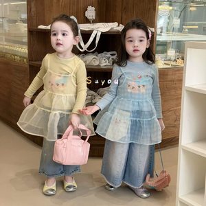 Tongxingyuan Girls Spring Korean Style Suspender Mesh Dress T Shirt Set Wide Leg Jeans Breathable Fashion Outfit - Product Image 2
