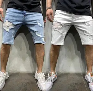 Custom Fabriek Mannen Jeans Korte Zomer Blauw Wit Gescheurde Distressed Rits Fly Heren Denim Shorts