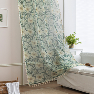 Rideaux transparents floraux bohèmes Pivoines et vignes blanches luxuriantes, détails croquis à la main, garniture de gland pour chambre/véranda/bistro - Product Image 1