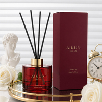 Aikun 150ml Diffuseur à bâtonnets en verre rouge avec logo personnalisé par transfert d'eau, parfum longue durée, faible MOQ, coffret cadeau bordeaux pour la maison et les marques