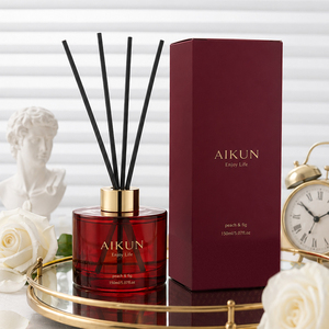 Aikun 150ml Red Glass Water Transfer Logo Custom Scent Long Lasting Low MOQ Burgundy Gift Box Reed Diffuser Set for <b>Home</b> Brand - Product Image 1