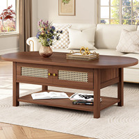 Table basse ovale de style farmhouse personnalisée avec portes en rotin, bois noir, pour la maison, l'appartement, intérieur, meubles robustes et pratiques