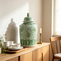 Pot à couvercle en porcelaine chinoise vintage vert et rouge sous glaçure, fait main, motif floral, pour la décoration intérieure