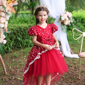 Vestido de Princesa Rojo con Puntos para Niñas, Cuello en V, Falda de Tul, Vestido de Dama de Honor con Corte en A y Ribete de Encaje - Product Image 1