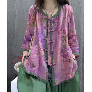 Literary Print Ethnic Design Retro Button Color Block Casual Thin Sun Protection Shirt For Women - Product Image 1