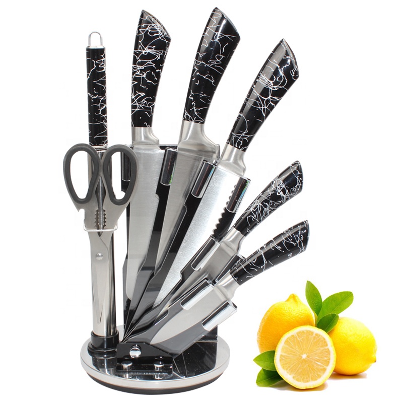 Удивительные товары 2021 хорошее качество блестящие черные королевские 8 шт. ножи шеф-повара из нержавеющей стали набор кухонных ножей с акриловой подставкой