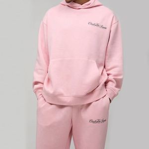 Sudadera con Capucha y Pantalones Deportivos Rosa Pálido con Logotipo Personalizado, Conjunto Deportivo de Dos Piezas para Hombre - Product Image 4