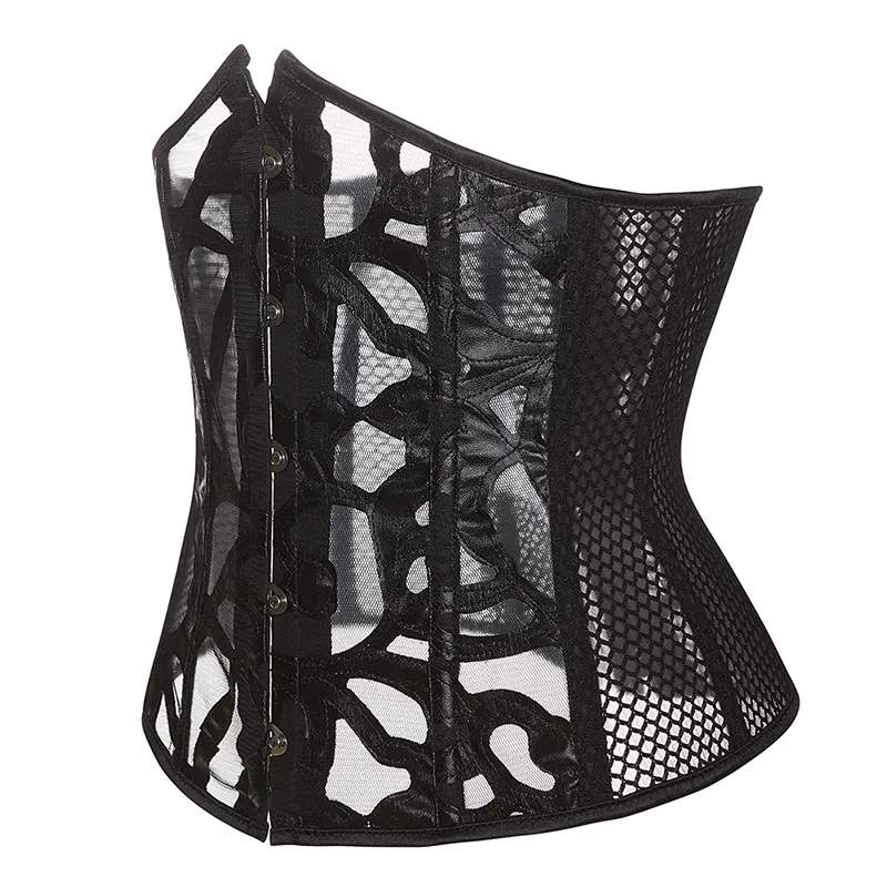 Push Up Gothic Mesh PU Leather Corset With T string Lace underbust Bustier plus size party Shapewear