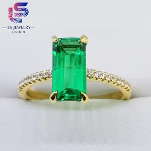 Edelsteen Vintage Sieraden Vrouwen Enkele Steen Ring Ontwerpen Smaragd Gesneden Ring Zilver Lab Gegroeid Smaragd Ring