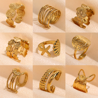 Geschnitztes, vergoldetes Edelstahl-Offener-Ring-Set, Seestern-verstellbarer, gemischter, stapelbarer Fingerschmuck