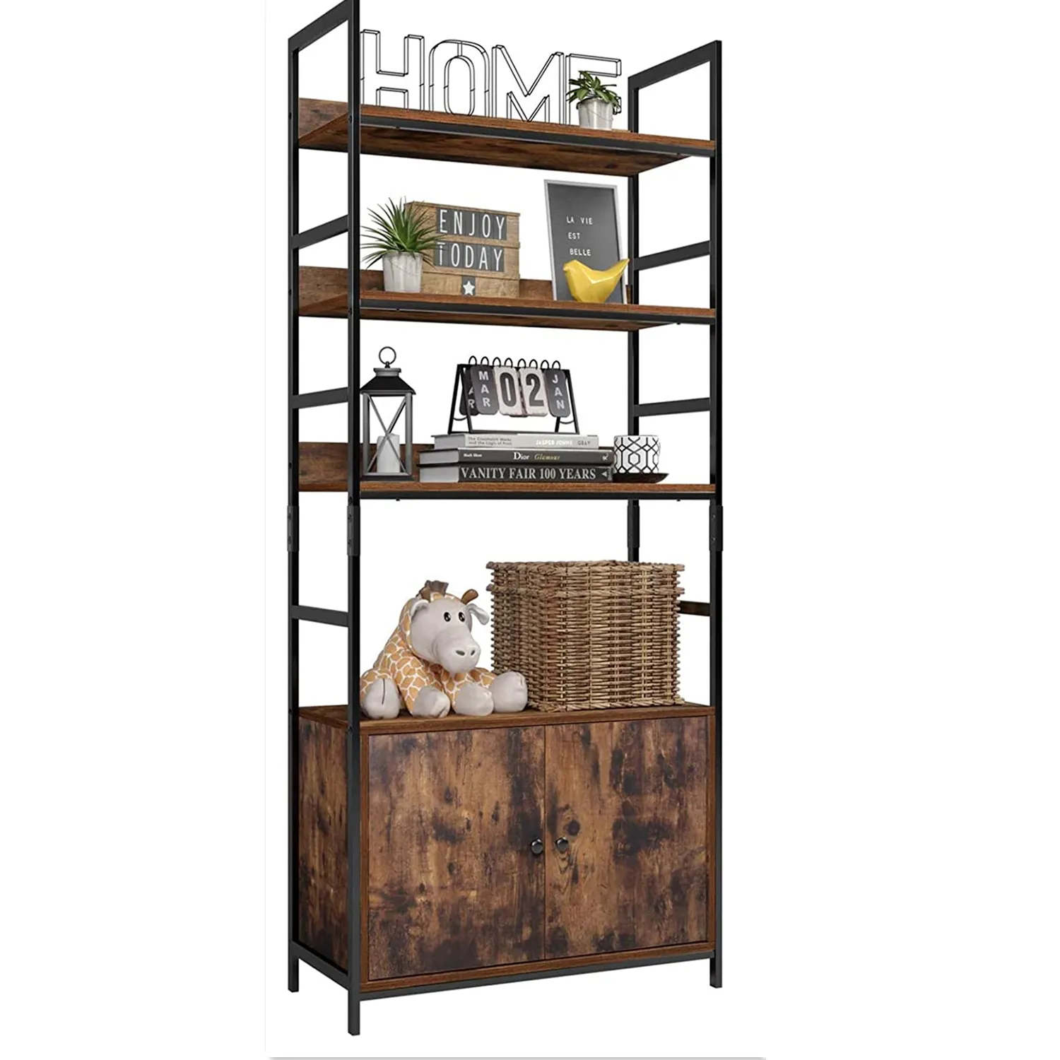 Industrial Study Bookshelf Rustic Storage Cabinet Storage 4-Tier Storage Shelf with 3 Drawers Bookshelf Rack & Organizer Dresser