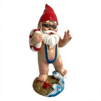 Statuette de gnome de jardin en résine, statue de nain surfiste avec bouée de natation, bikini, chapeau conique rouge, ornement de table