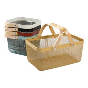 Kitchen <b>Bath</b> Toy Organizermetal Metal Wire Mesh Fruit <b>Storage</b> Basket With Wooden Handle - Product Image 1