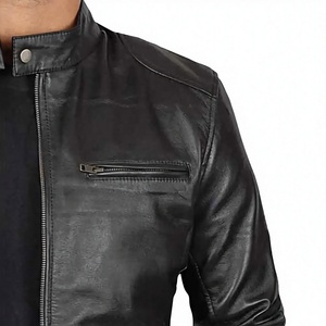 Men's Black Genuine Leather <b>Heated</b> Moto <b>Jacket</b> Mandarin Collar Zipper Closure Slim Fit Regular Length Solid Color Front Winter - Product Image 4