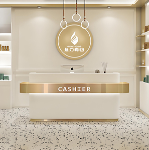 Bureau d'accueil CHILLCHAN blanc avec finition dorée, éclairage LED, design mural ondulé, comptoir de réception pour salon de beauté, hall d'accueil - Product Image 3