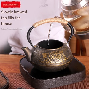 <span class=keywords><strong>ต้ม</strong></span>น้ำชาในเตาทรงกลมพร้อมหม้อเหล็กหล่อลายดอกโบตั๋นแบบจีน ชุดน้ำชาเหล็กหล่อทำมือแบบไม่เคลือบ ของขวัญสุดพิเศษ - Product Image 2