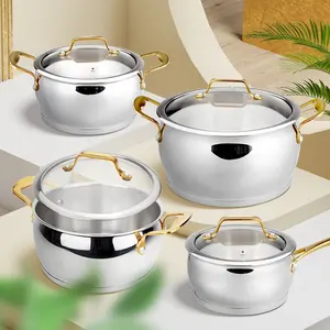 OEMカスタマイズ8個の腹の形の調理器具の誘導ステンレス鋼の調理鍋調理器具セットゴールドハンドル付き