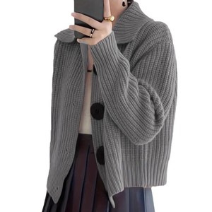 Venta al por mayor de color sólido con solapa abotonada suéter femenino de talla grande 5XL cárdigan de punto - Product Image 5