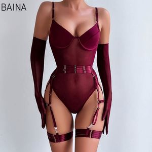 2025 Combinaison Lingerie Sexy Couleur Unie en Maille avec Ceinture Porte-jarretelles - Product Image 5