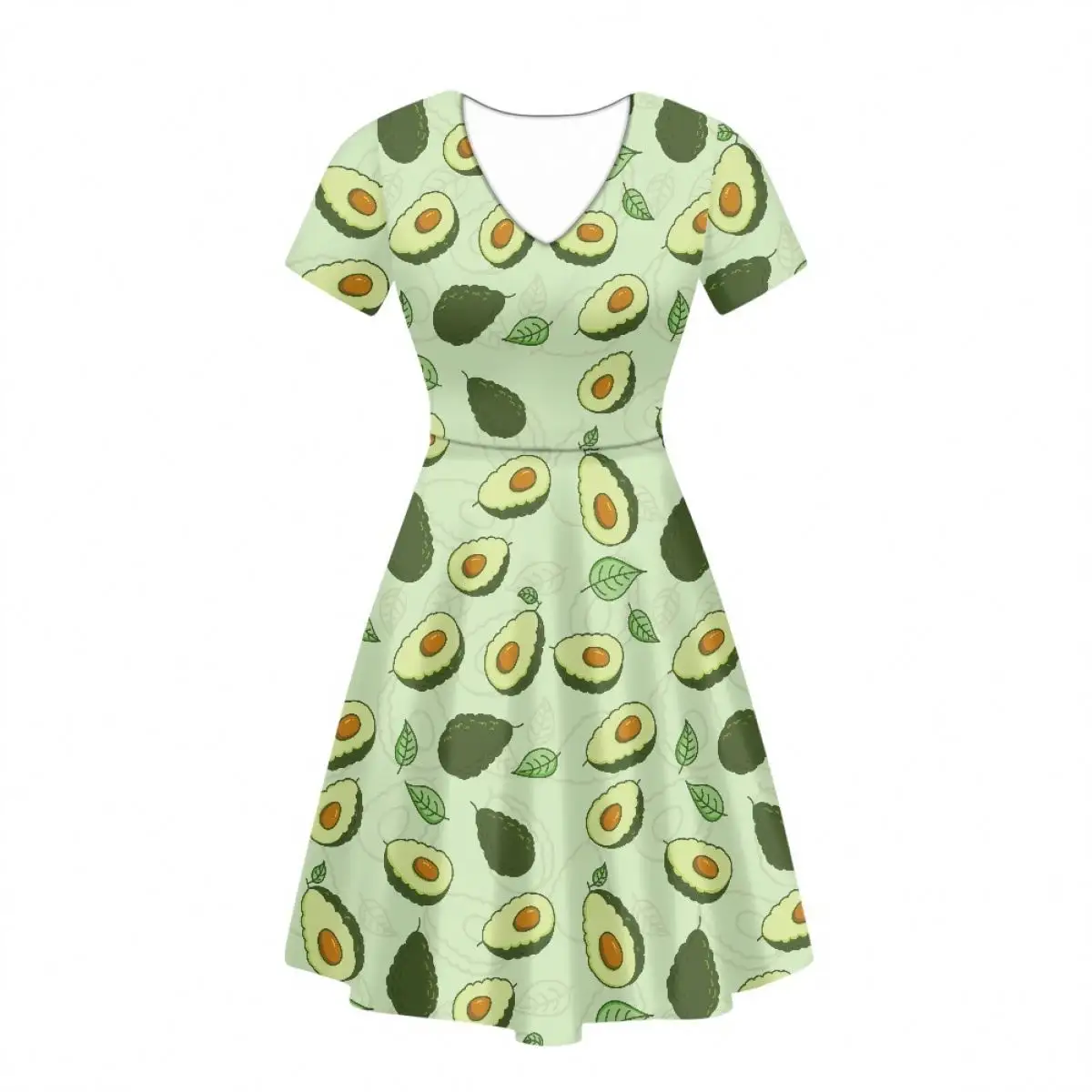 2023 Season New Ladies Dresses Cartoon Avocado Print Design V Neck Short Sleeve Dress Casual Fashion Loose Ladies Skirt