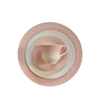 Service de vaisselle jetable écologique en porcelaine sous glaçure rose rétro français, robuste, assiettes à salade, assiettes à pâtes, bols à fruits, plats à dessert - Product Image 5