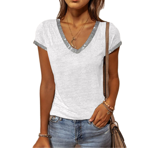 Camiseta de Verano Vintage, Popular, Informal, Transpirable, Ecológica, con Cuello en V, Corte Ajustado, Manga Corta - Product Image 1
