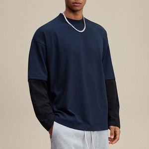 T-shirt à manches longues vintage pour homme, vêtement d'extérieur, faux deux pièces, coton, patchwork contrasté, streetwear, design vierge pour homme - Product Image 4