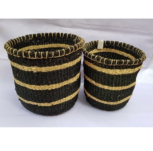 Cesta de Almacenamiento Hecha a Mano de Hierba Marina con Rayas Negras y Naturales, Maceta Redonda Tejida para Plantas de Interior, Estilo Boho Moderno - Product Image 6