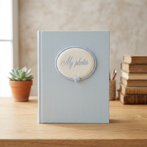 Album Fotografico in Cotone a Righe Azzurre 23x30cm con Etichetta Ovale Goffrata 'My Photos' - Product Image 2