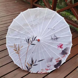 Z-17 de tela china para boda, sombrilla de bambú de papel de aceite blanco para baile, Art Déco, 34 colores