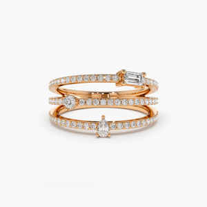 Anillo de Diamantes de Tres Filas en Oro de 14k, Oro Sólido Amarillo, Blanco y Rosa, Chapado en Rodio, 0.46 CT, Diamantes Naturales Unisex - Product Image 1