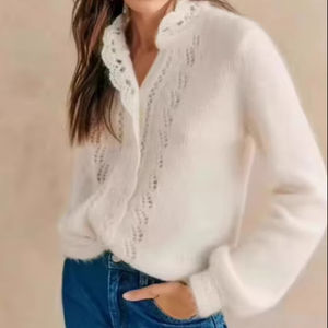 2025 conception personnalisée Logo printemps automne confortable froid manches bouffantes Pointelle <span class=keywords><strong>Cardigan</strong></span> tricoté ouvert pull haut pour les femmes - Product Image 1