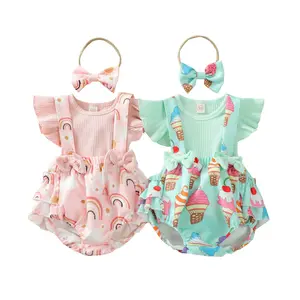 夏季柔软罗纹纯棉印花设计初生女婴婴儿穿衣带蝴蝶结头带套装