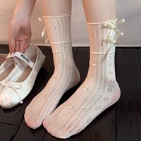 Chaussettes pour femmes à coupe ras du cou, style ballet, avec dentelle fine et motif cœur, style Miu, pour l'été, à effet froncé, séchage rapide