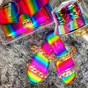 Portefeuilles arc-en-ciel et chapeau de pêcheur coloré assortis, pantoufles tendance, chapeau en cuir verni avec sacs, <span class=keywords><strong>chaussures</strong></span> pour femmes, sandales à nœud papillon - Product Image 1