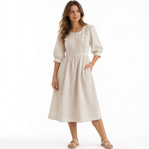 Vestido Vintage para Mujer con Volantes, Botones, Cintura Alta, Manga Abullonada, Cuello en V, Tejido de Algodón, Silueta en A, Transpirable, Casual, Verano, Ocio - Product Image 1