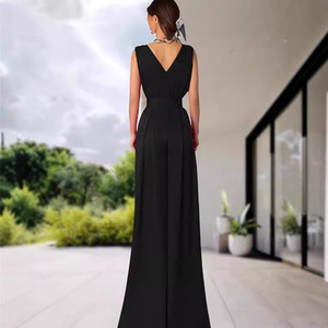 Mono de mujer con cuello en V, cintura media, pierna ancha, transpirable, elegante, sin mangas, de una pieza, para fiesta - Product Image 3