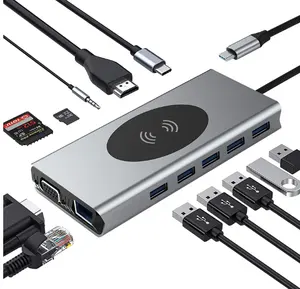 经济 USB Type C 坞适配器高清 VGA USB3.0 RJ45 音频 TF SD 无线充电 PD