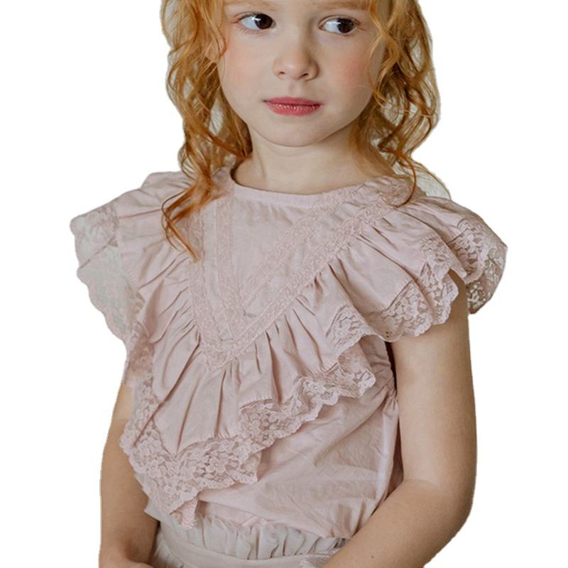 706 Korean Design Lace Ruffles Solid pink White Infant Toddler Girls  Princess Shirt Blouse for Kids Clothing